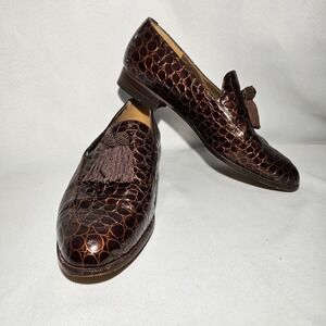 Stuart Weitzman Brown Croc Embossed Leather Tassel Loafers Size‎ 6